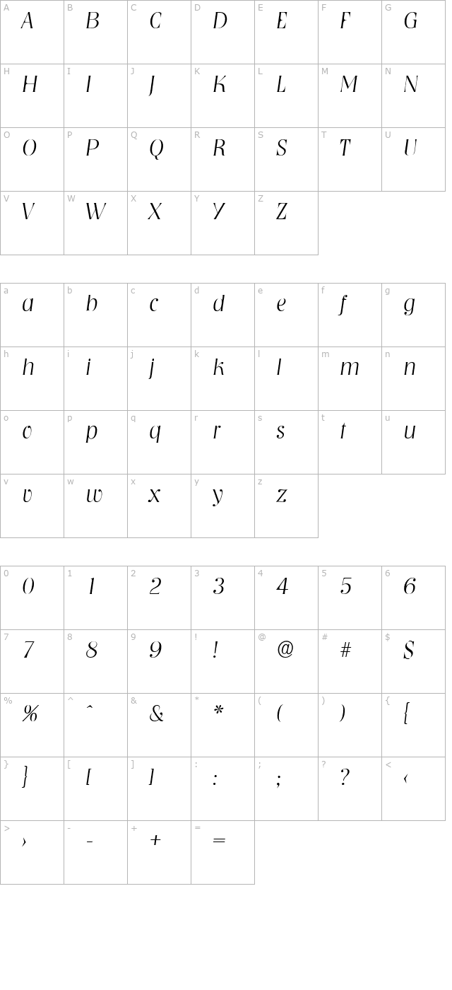 BobBecker-ExtraLight Italic character map