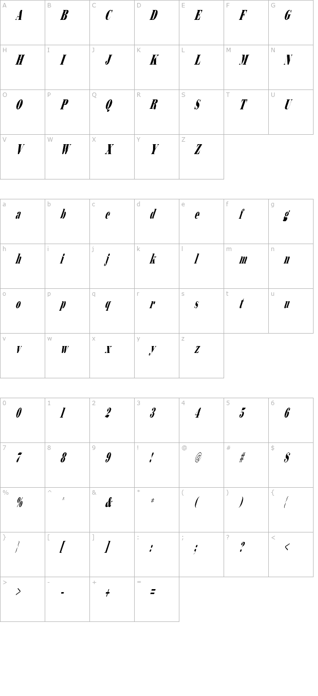 Bodidly Italic character map