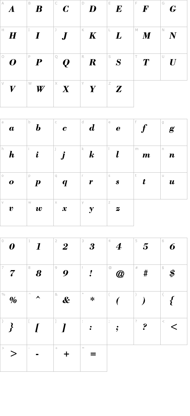 Bodony Bold Italic character map