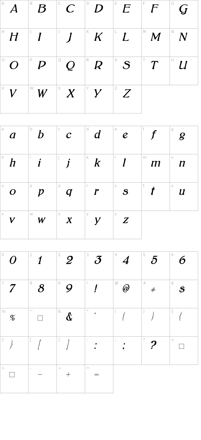 BoltonItalic character map