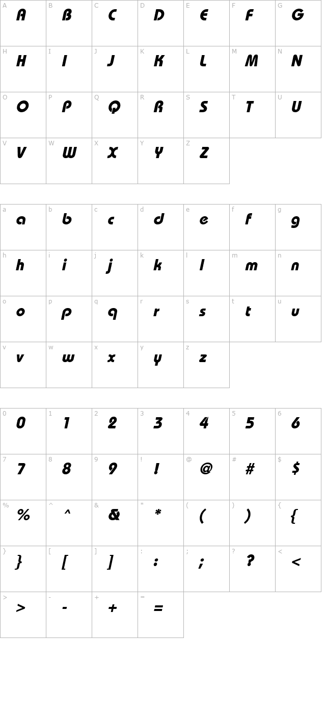BordeauxHeavy Italic character map