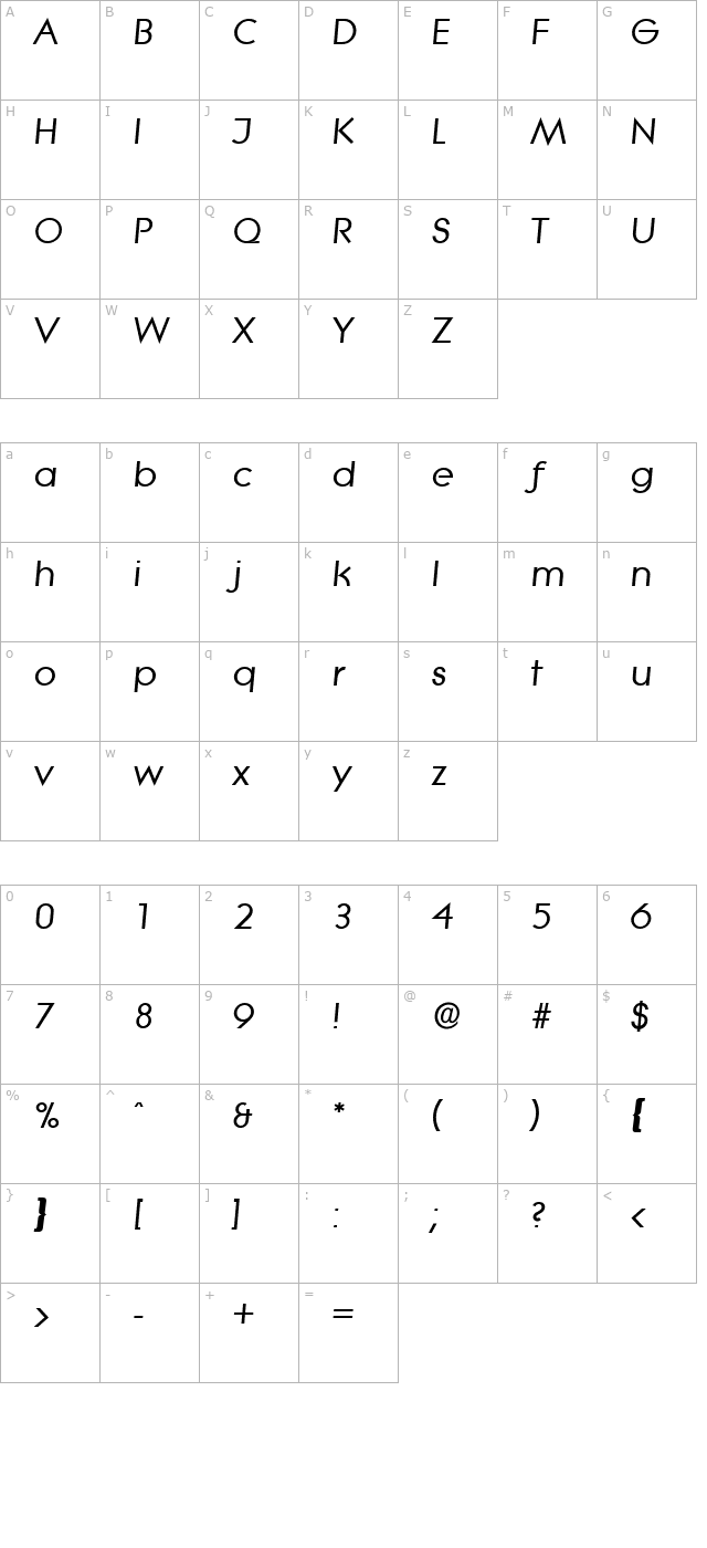 BradBecker Bold Italic character map