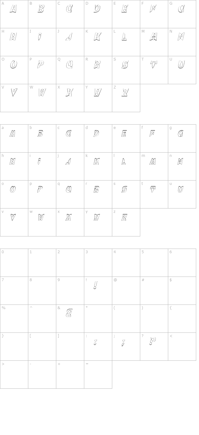 BrashCapsOutline Italic character map