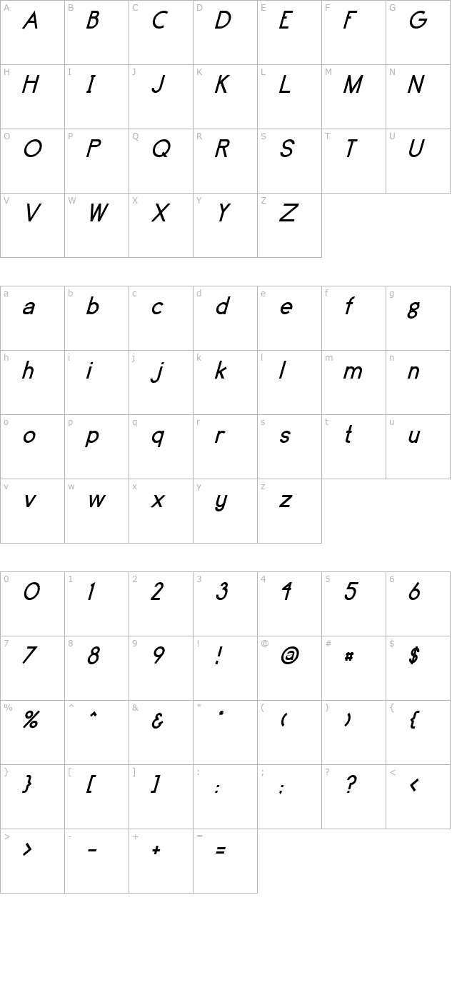 brassfield-italic character map