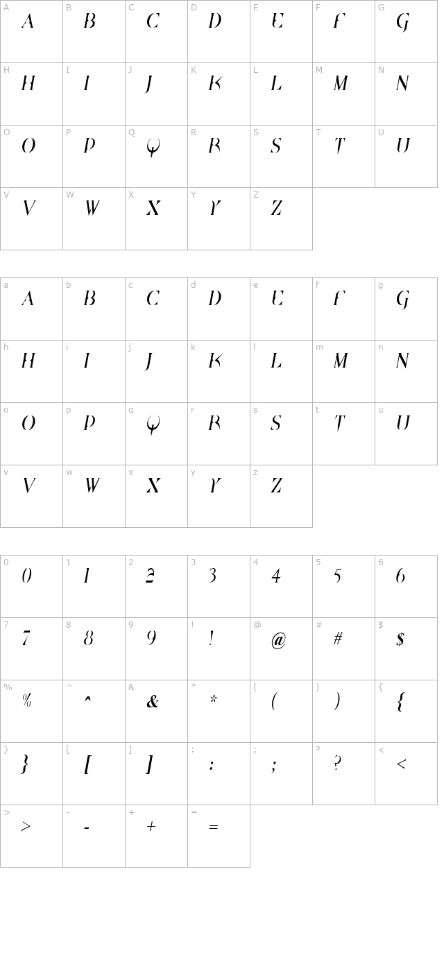 BrazeltonNarrow Italic character map