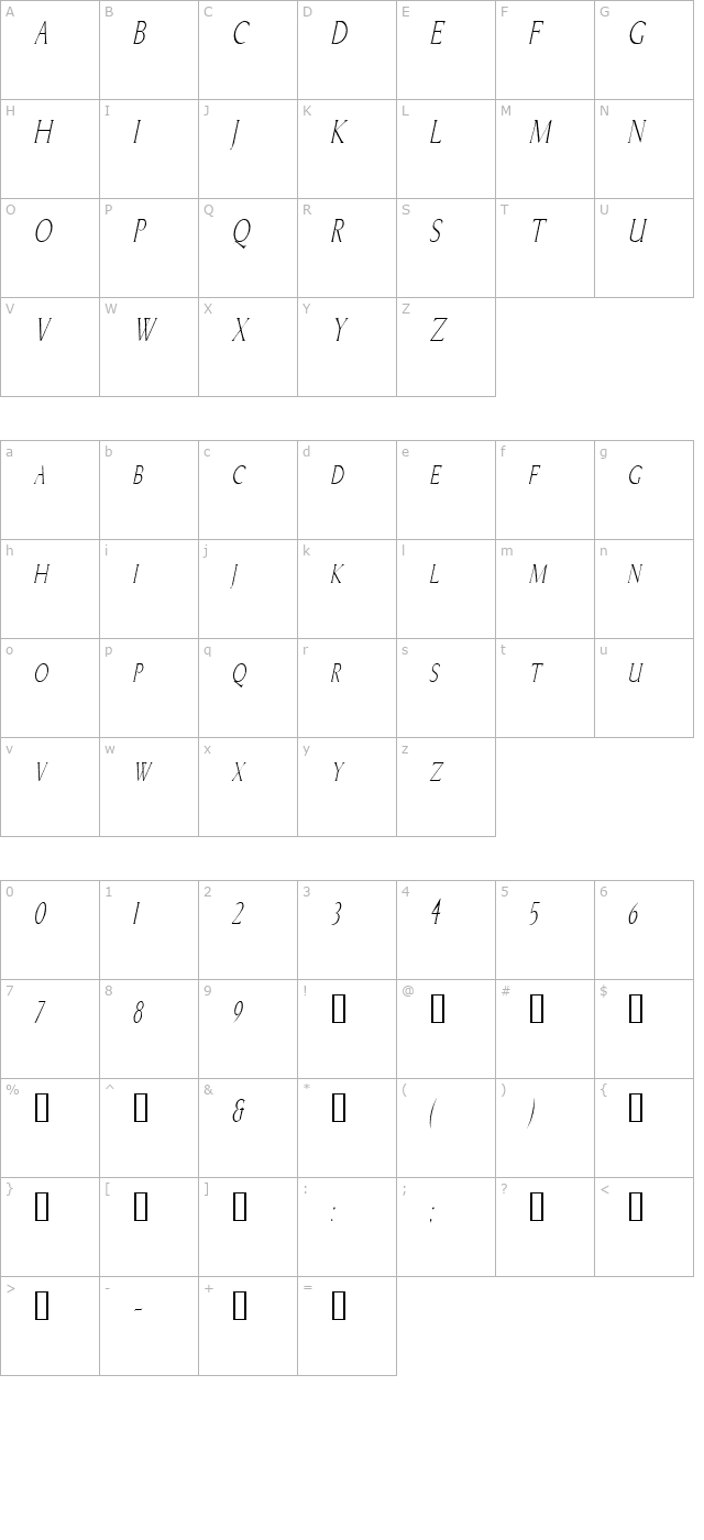 BriceCondensed Italic character map