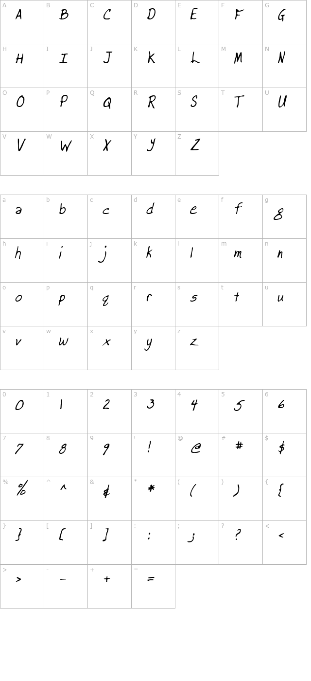 brookshand-italic character map