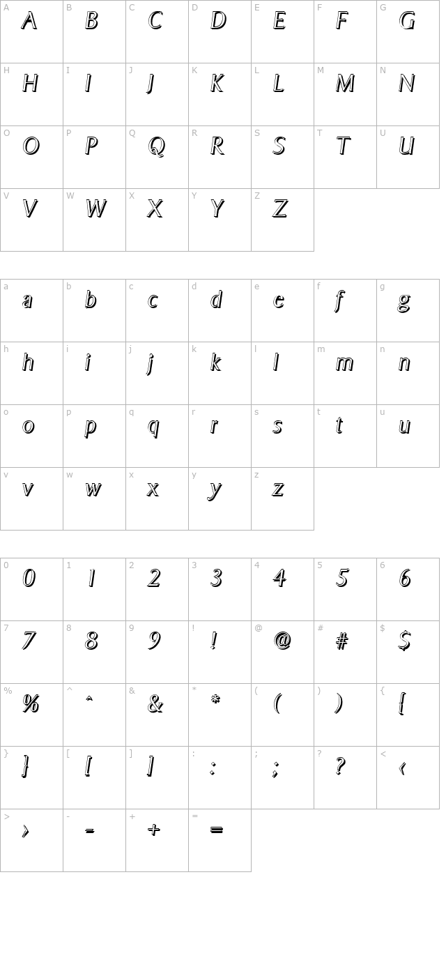 BruceBeckerShadow-Xlight-Italic character map