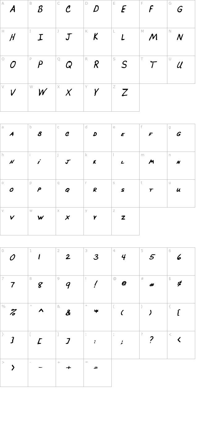 BrucesHand Bold Italic character map