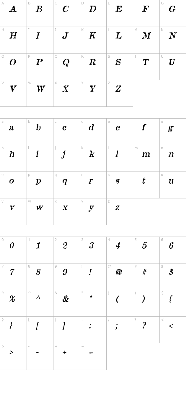 Brunine Italic character map