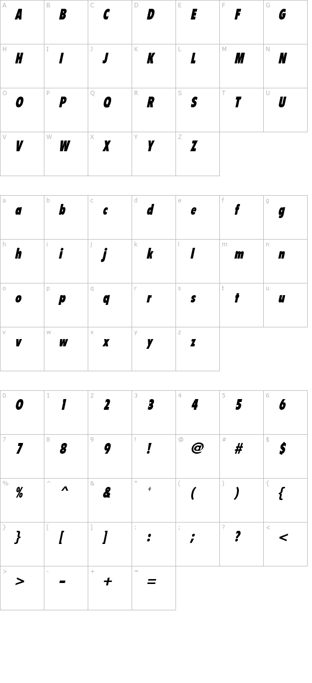 Bulletin Italic character map