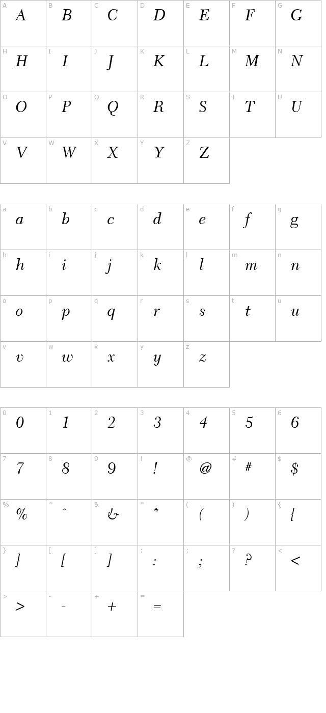 Camelia Italic character map
