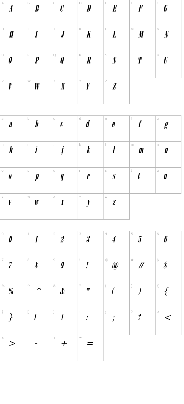 CapelliUltraCondensed Italic character map
