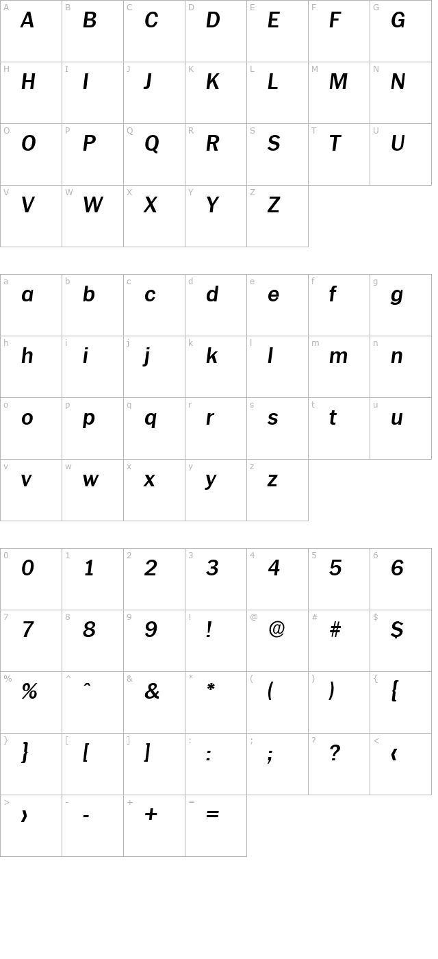 CarlBecker Bold Italic character map