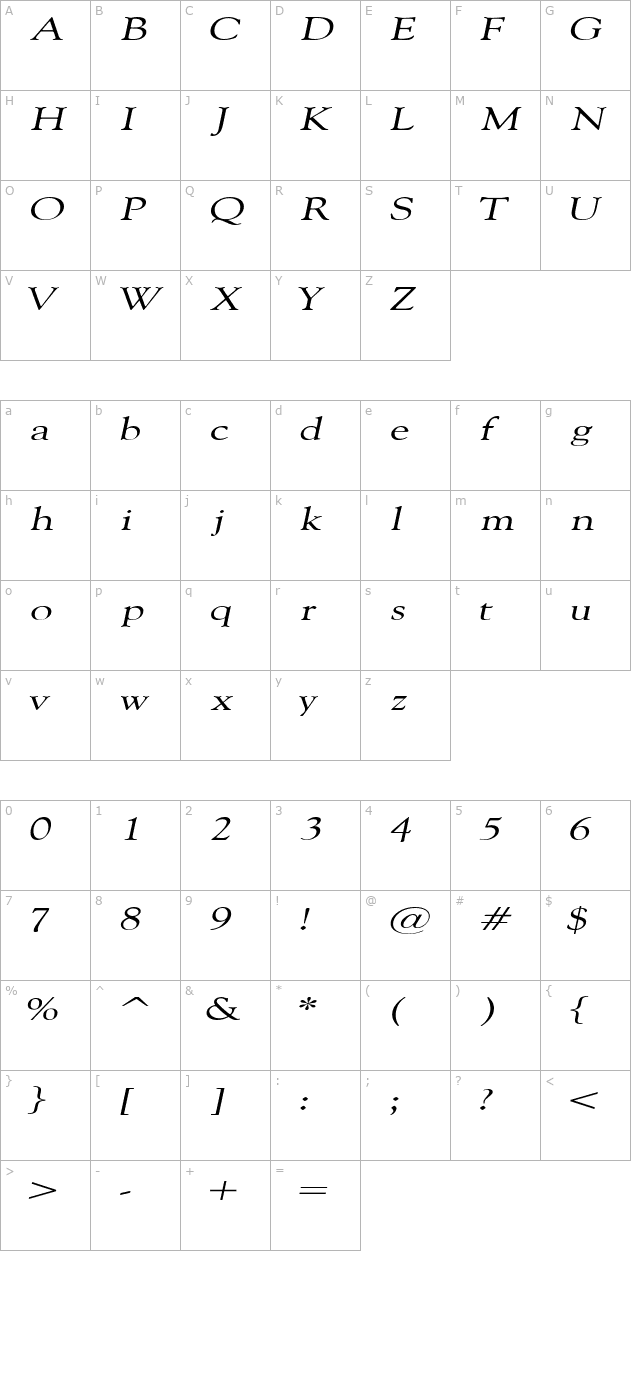 CarnegieExtended Italic character map