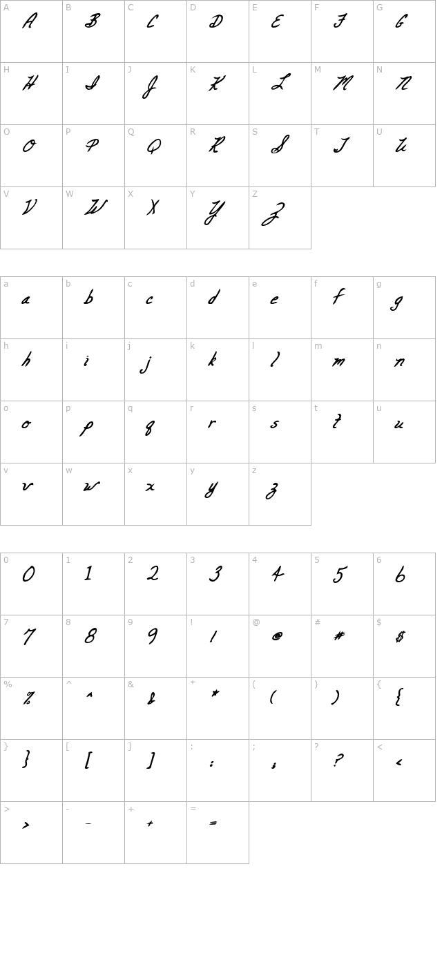 CarolinesHand Bold Italic character map