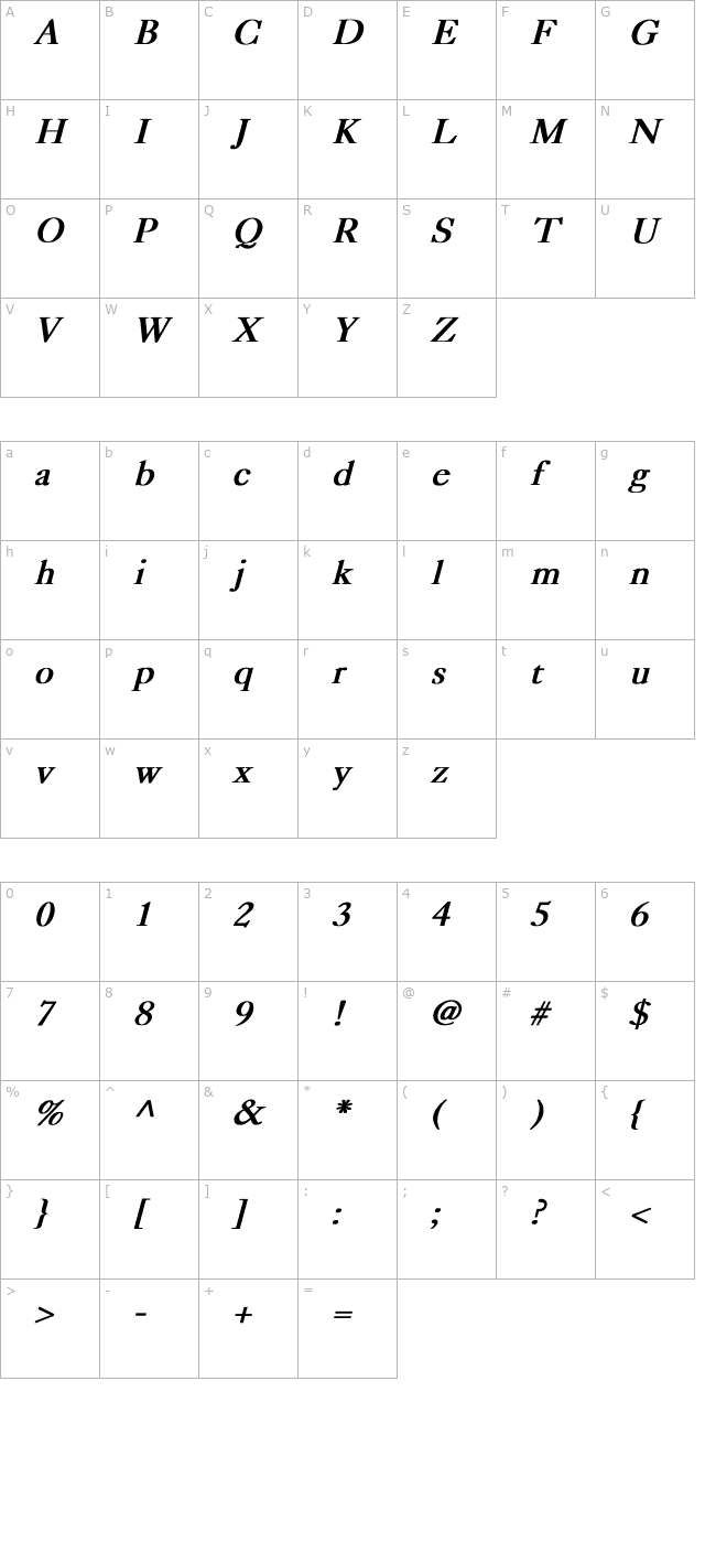 Caslon Bold Italic character map