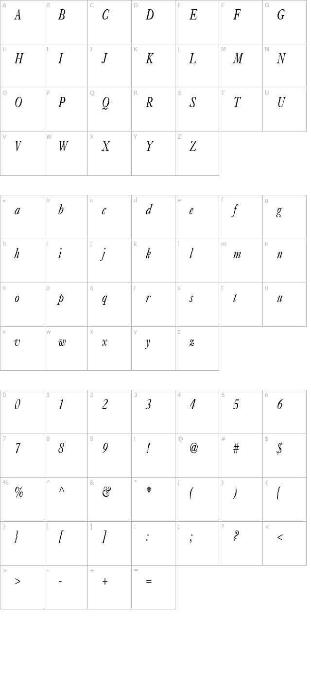 CasqueCondensed Italic character map