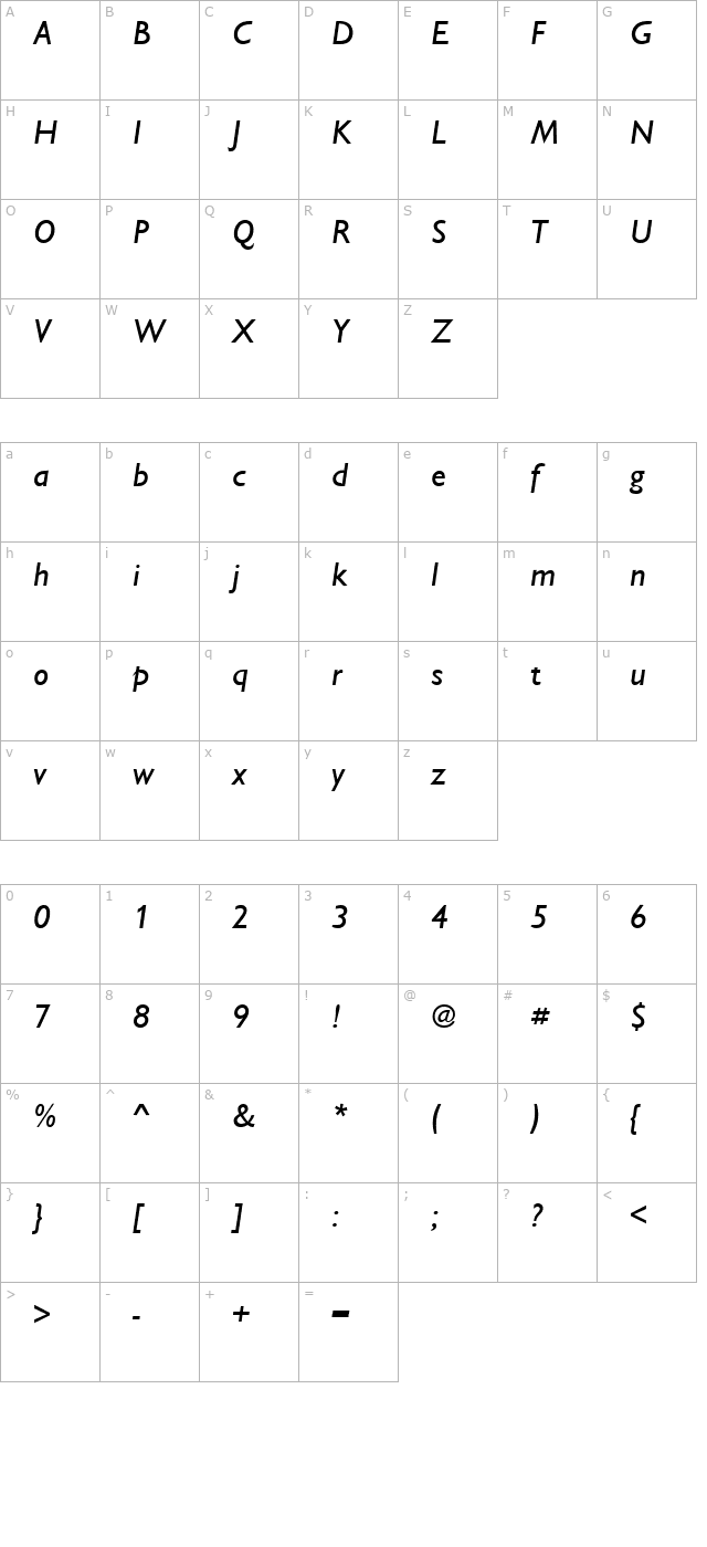 ChantillyM Italic character map