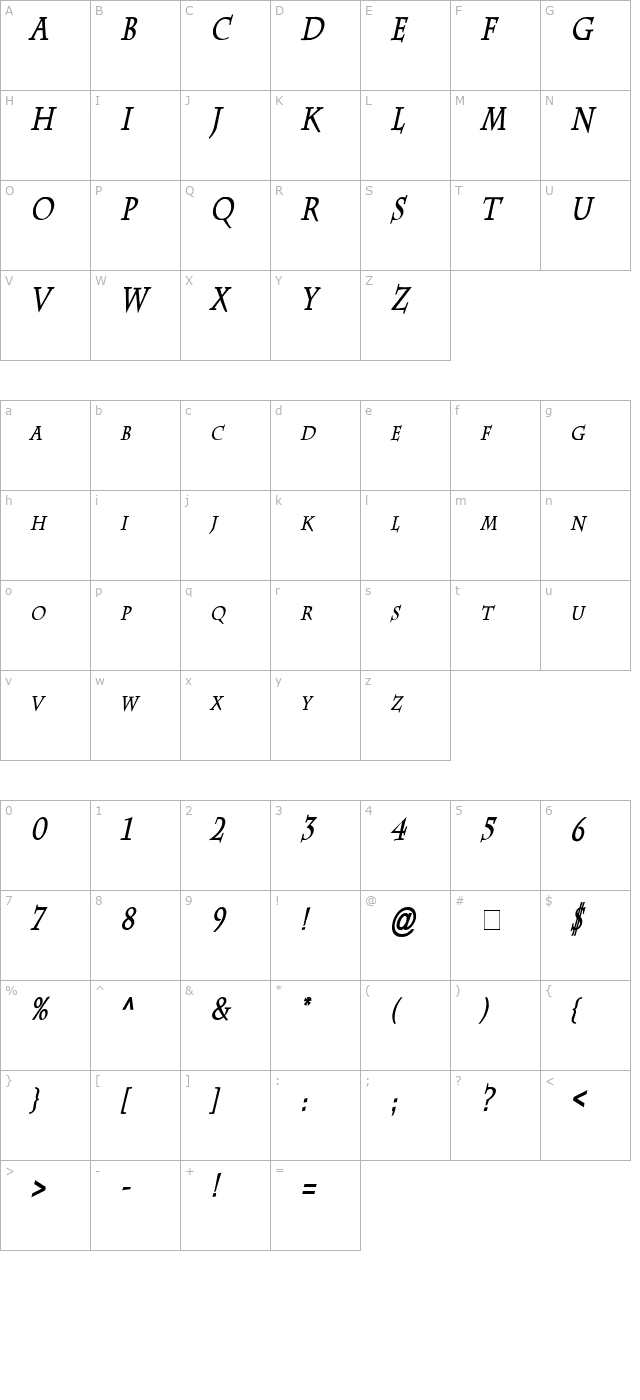 Chaz Thin Bold Italic character map