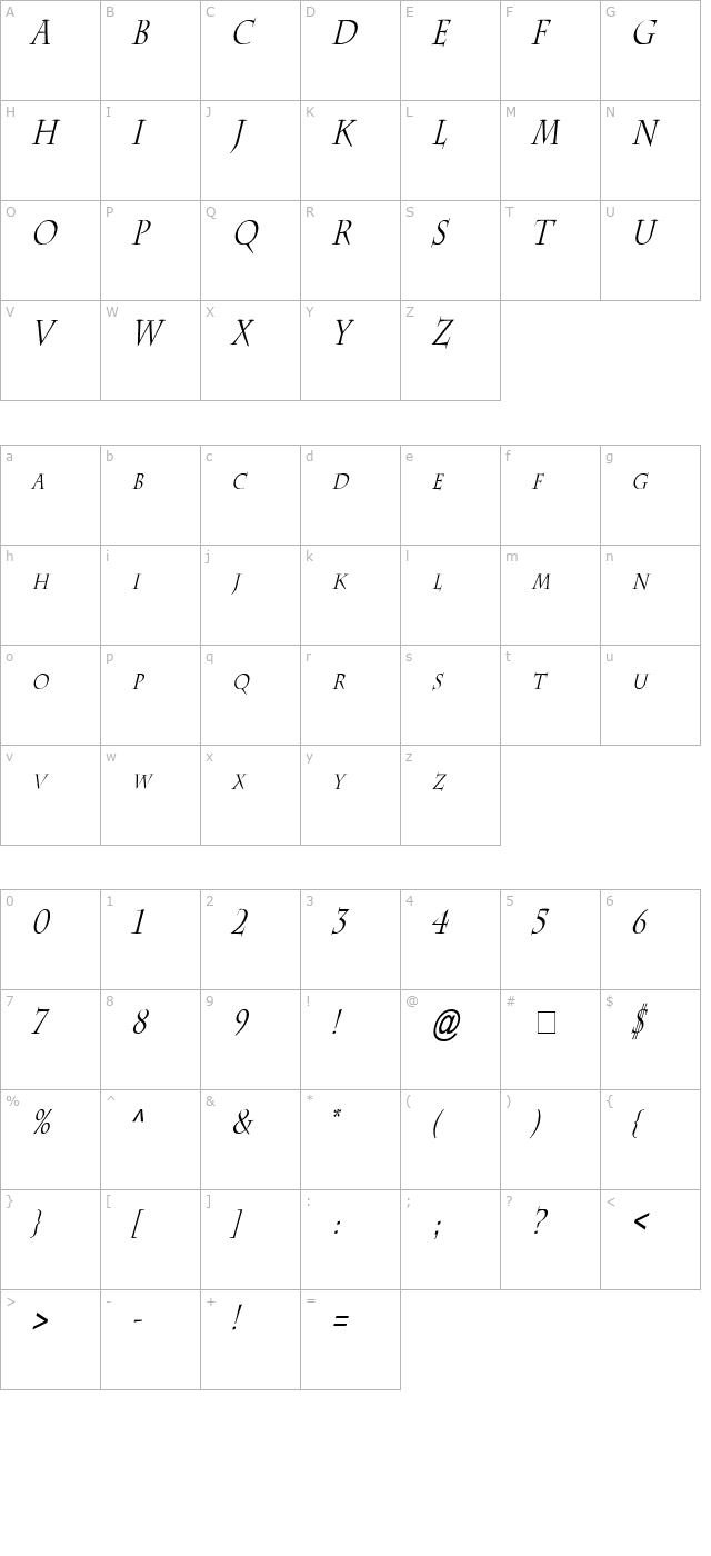 chaz-thin-italic character map
