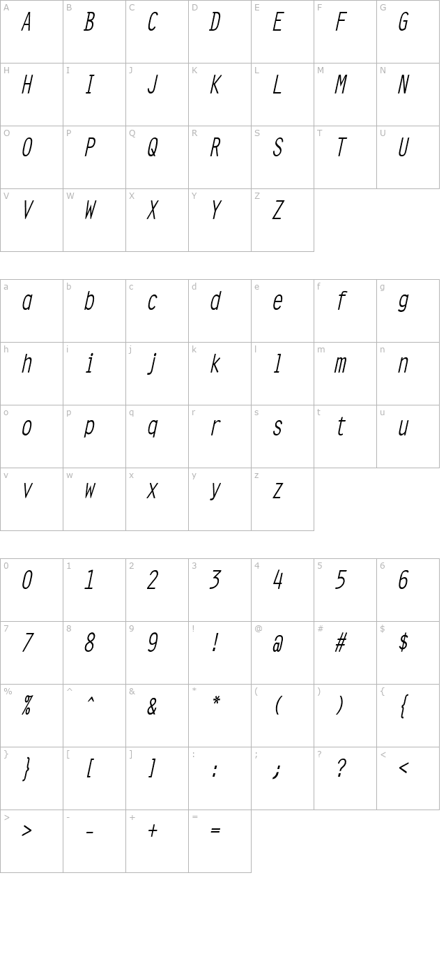 clean-condensed-italic character map