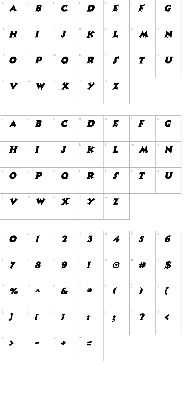 Coaster Italic character map