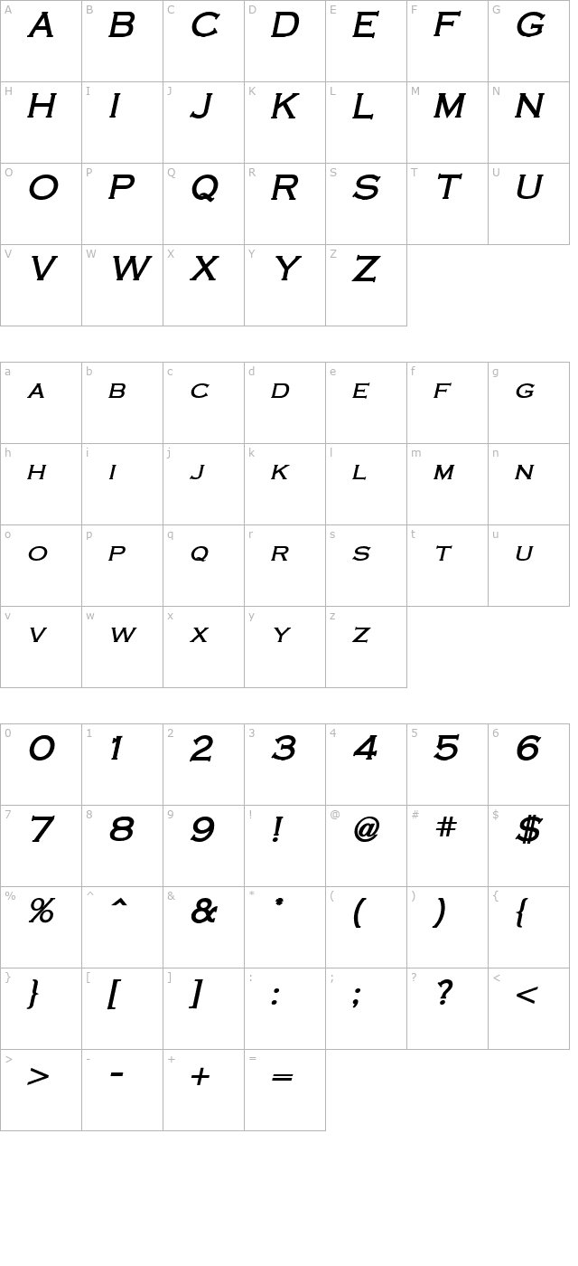 Cobalt Bold Italic character map