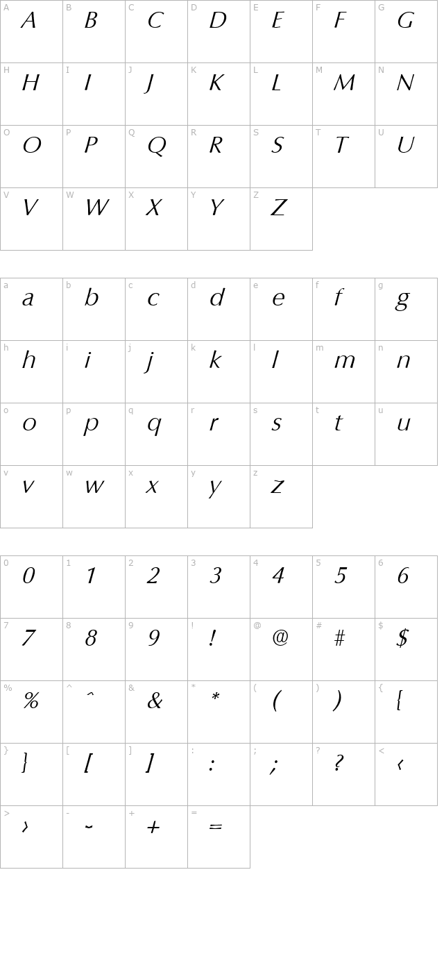 Columbia-Serial-Light-RegularItalic character map