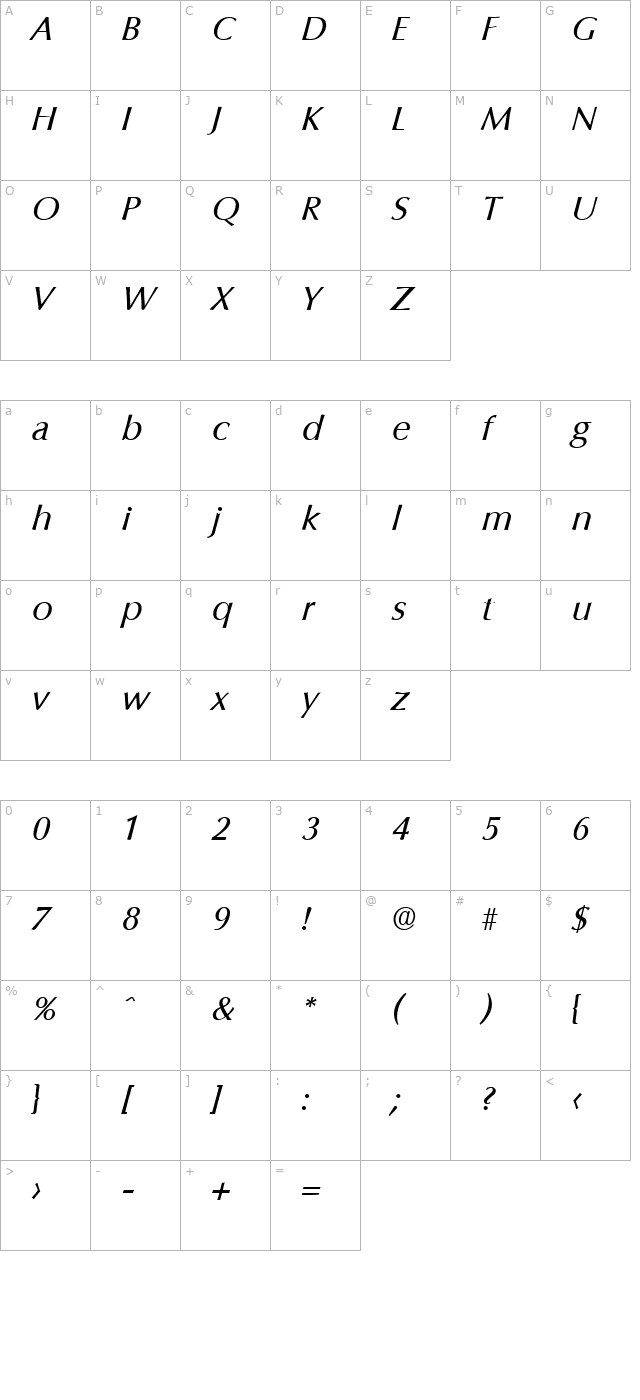 Columbia-Serial-RegularItalic character map