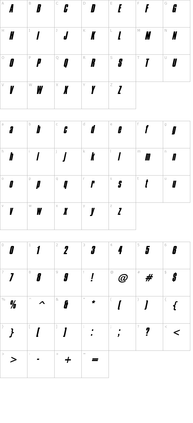 Commador Heavy Italic character map