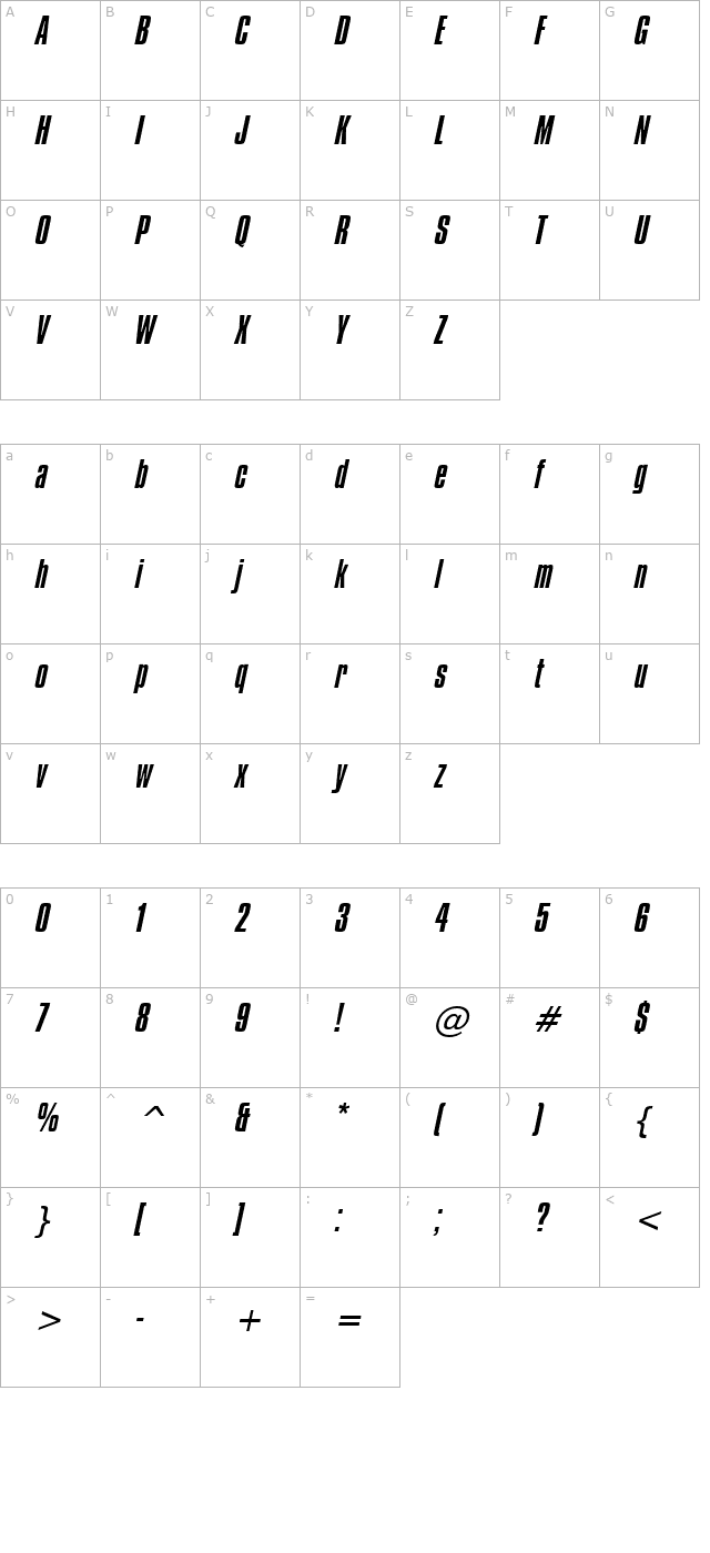 Commador Italic character map