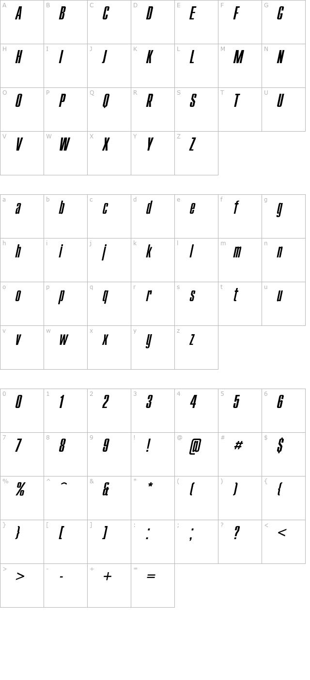 Compact Italic character map