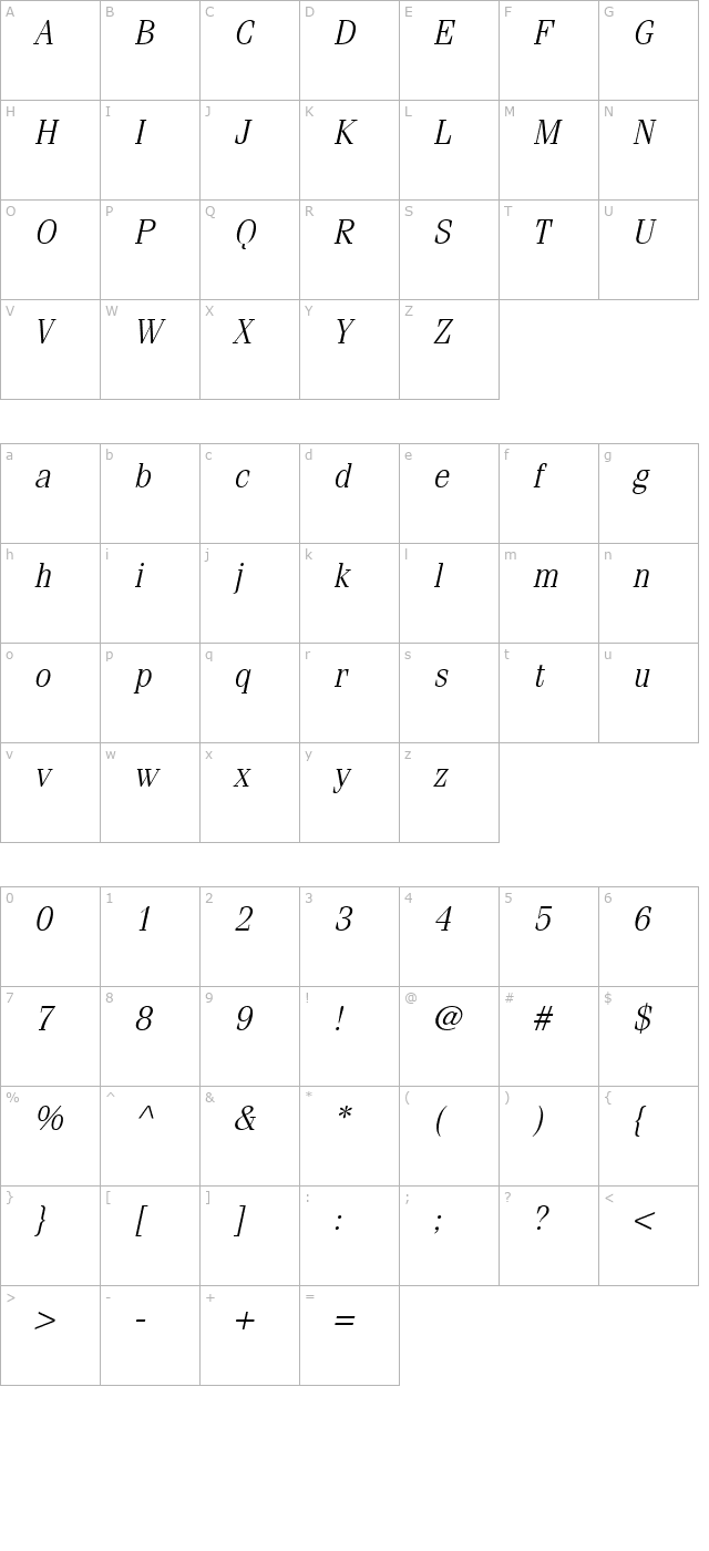 Compendium Light SSi Light Italic character map