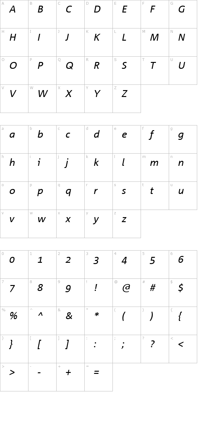 CorpidOffice Italic character map