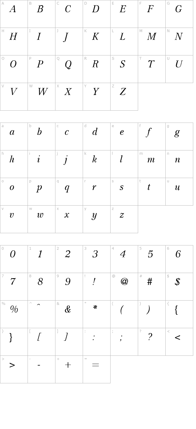 Crescent-RegularItalic character map
