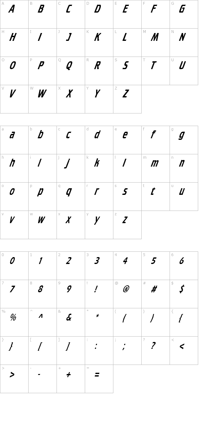 CruiserCondensed Italic character map