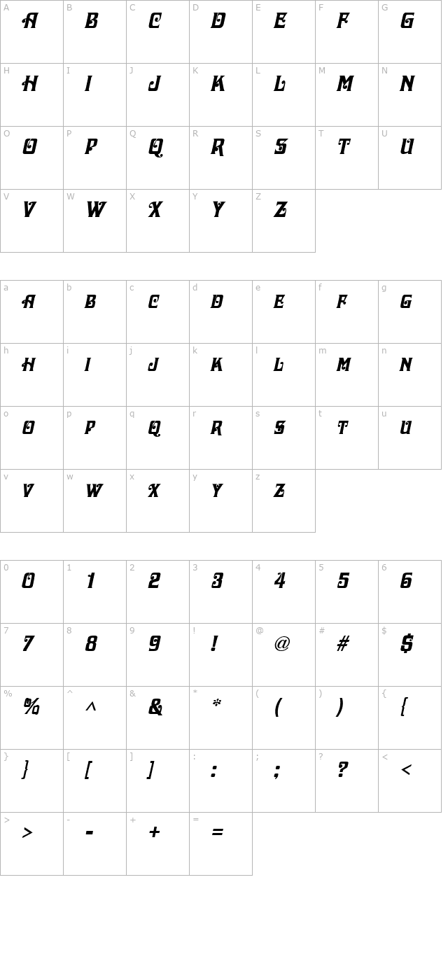 Dascha Italic character map