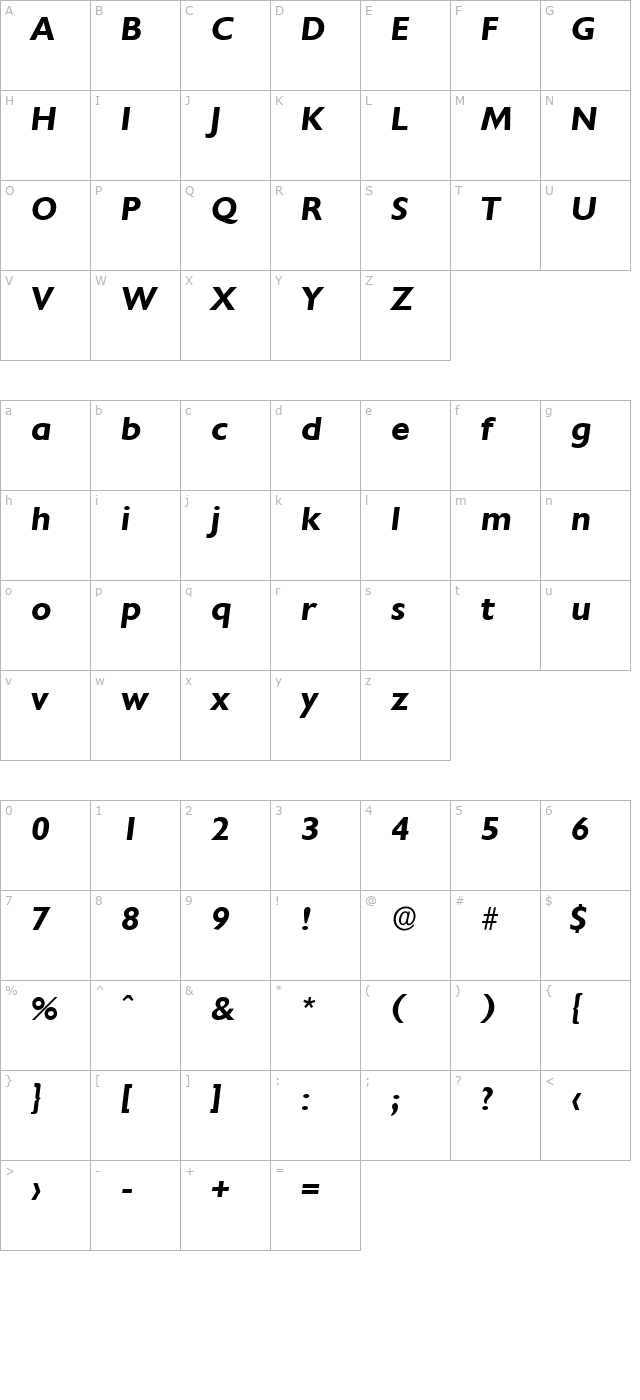 DavidBecker Bold Italic character map