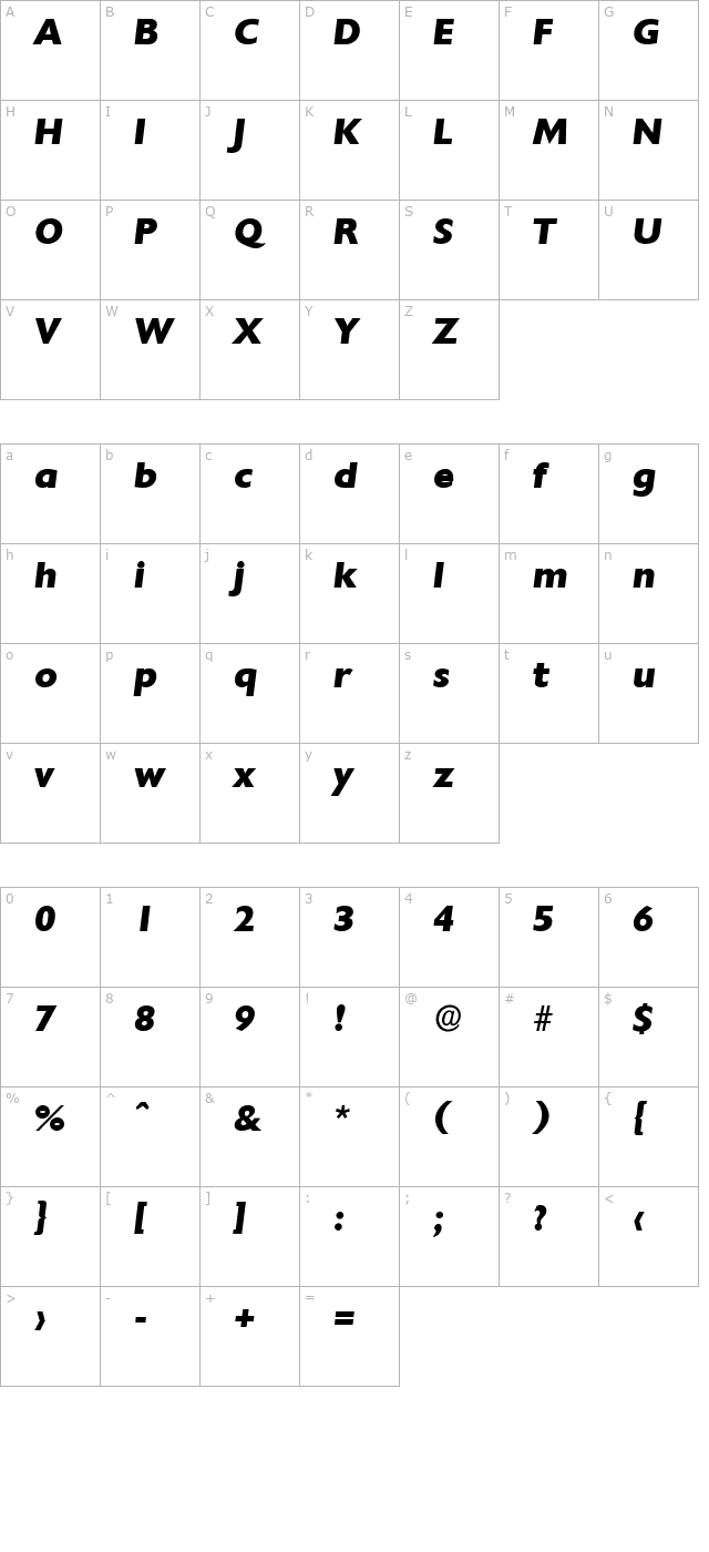 DavidBecker-ExtraBold Italic character map