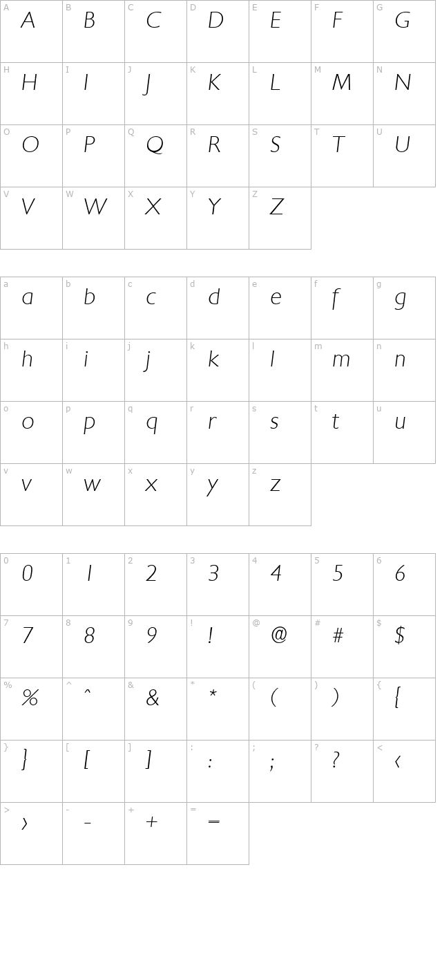 DavidBecker-ExtraLight Italic character map