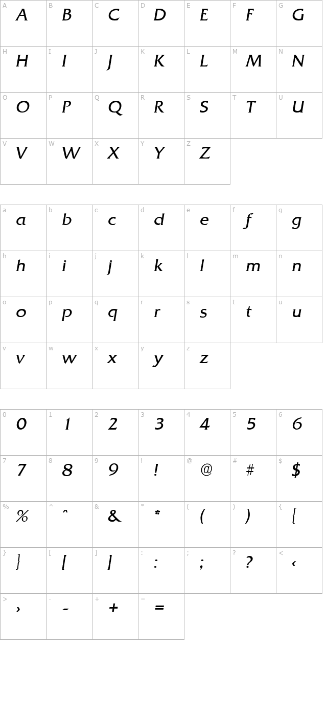 DennisBecker-Light Italic character map