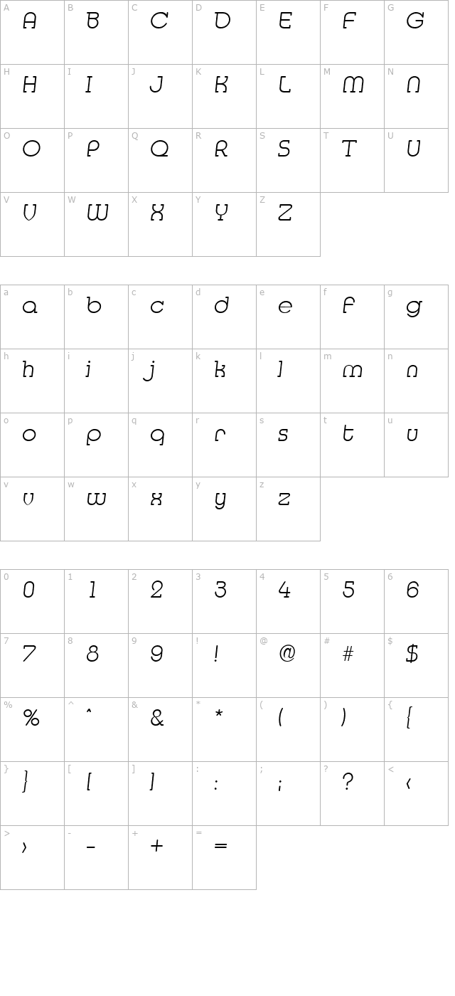 DesireeBecker-ExtraLight Italic character map