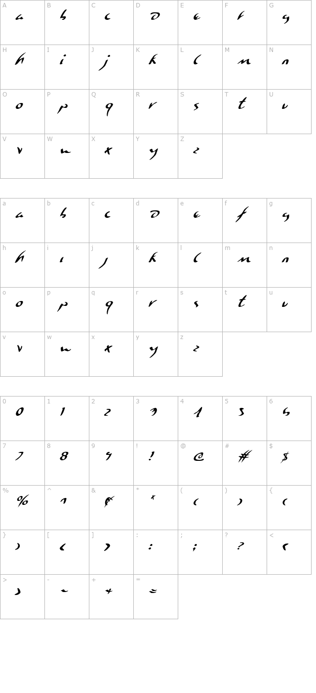 Eagleclaw Italic character map