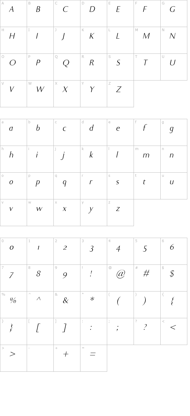 Ela Sans Light Italic PDF character map