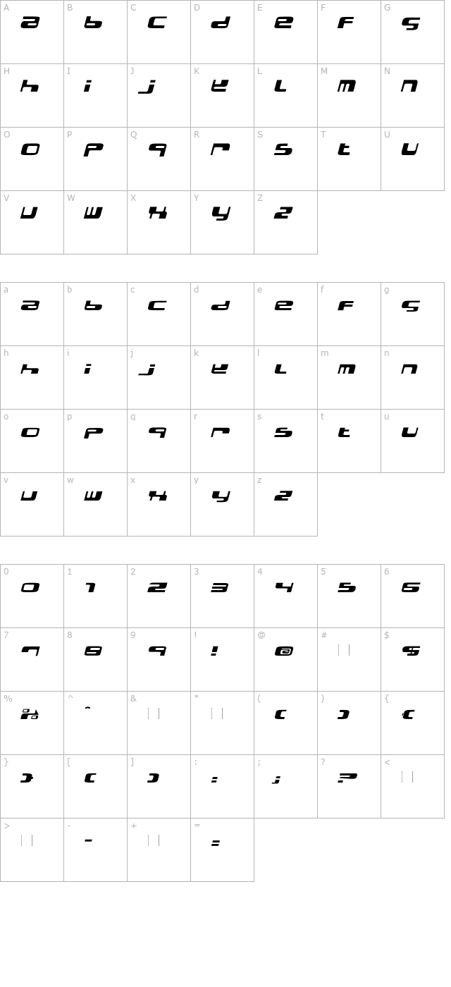Electro Bazar Italic character map