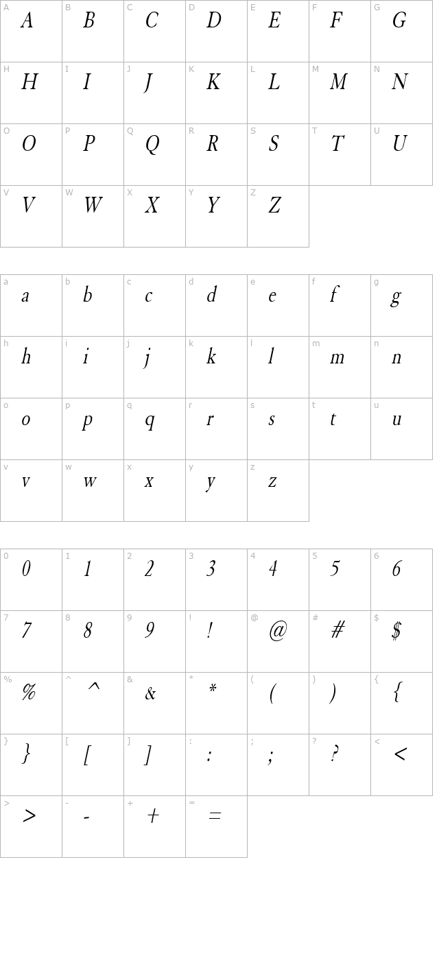 elephant-condensed-italic character map