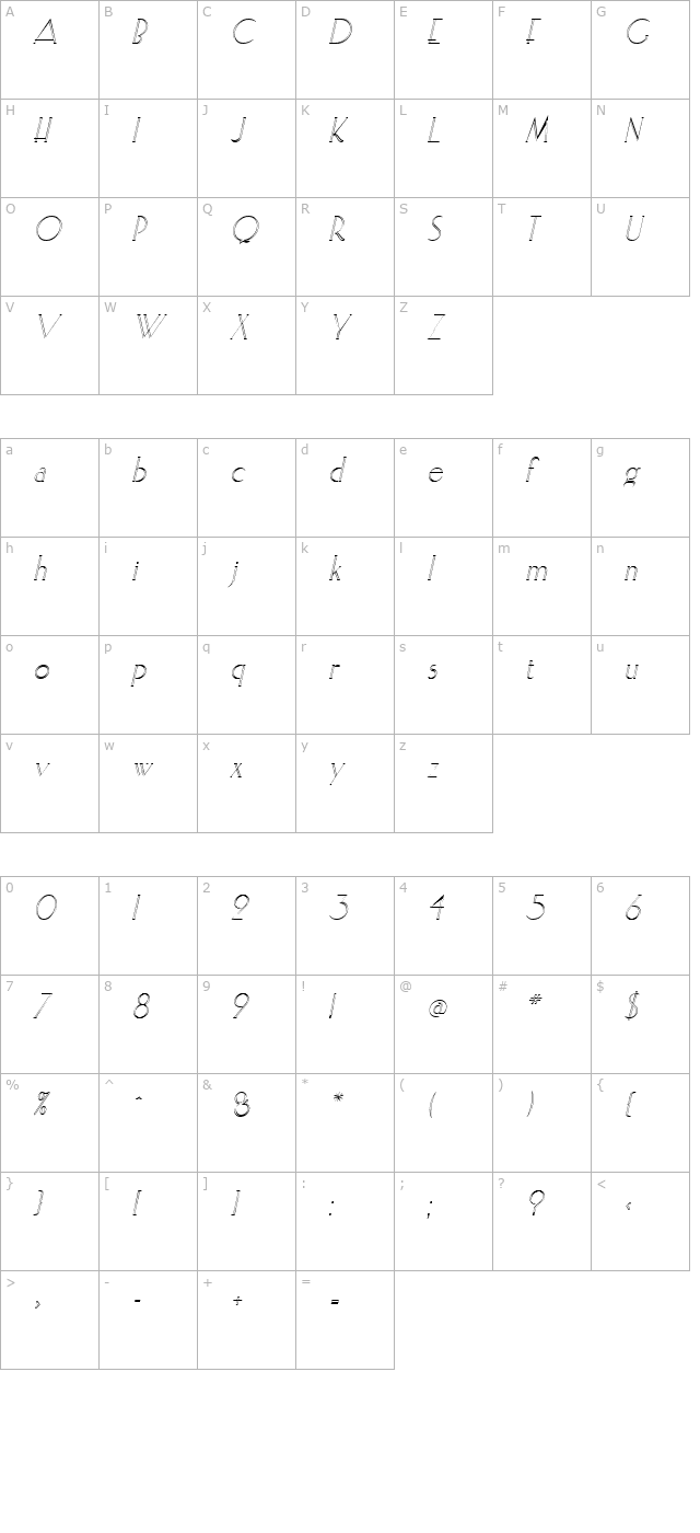 ElisiaOpenface Italic character map