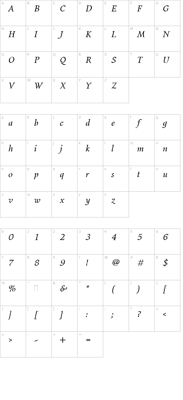Elysium Book Italic Plain character map