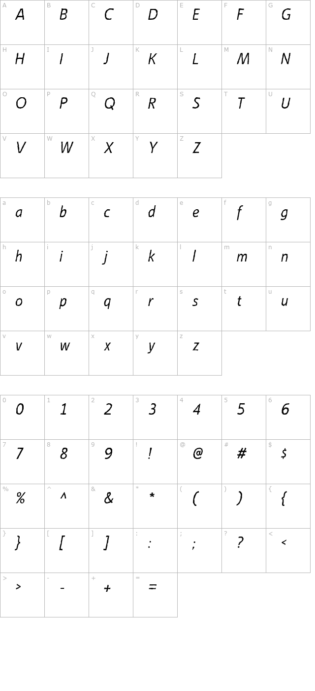 Emory-Italic character map